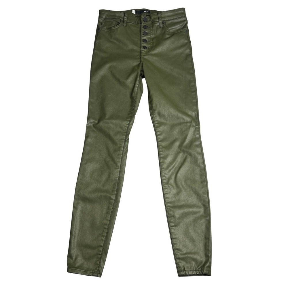 KUT from the Kloth Mia High Rise Skinny Coated Pants Olive Green Button Fly 2